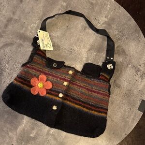 Colorful Striped Wool Handbag with Flower Accent